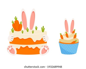 Carrot Cake And Cupcake With Bunny Ears. Vector Illustration.