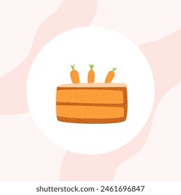 Carrot cake emblem. Sweet bakery piece portion. Pastry dessert with cream for breakfast. Vector pie hand drawn flat illustration card.