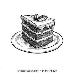 Carrot cake. Ink sketch isolated on white background. Hand drawn vector illustration. Retro style. svg