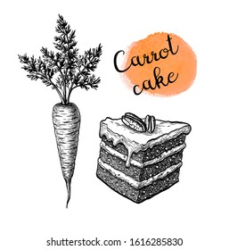 Carrot cake. Ink sketch isolated on white background. Hand drawn vector illustration. Retro style. svg