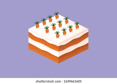 Carrot cake in isometric view on a blue background. Rectangular cake with carrots.