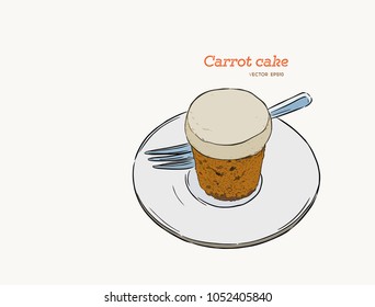 carrot cake on top with fresh cream cheese, hand draw sketch vector.