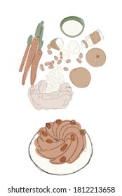 carrot cake recipe, ingredients and ready-made dessert. sketch,carrots, almond, sugar, flour, oranges. vector eps 10. cupcake in the form. home cooking, chef page design.recipe book design