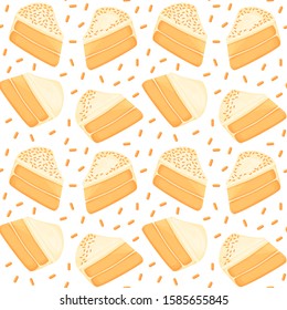 Carrot cake slice cartoon style vector illustration seamless pattern, isolated colorful piece of delicious cake.
