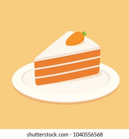 Carrot cake slice with cream cheese frosting and marzipan carrot decoration. Flat design vector clip art illustration.