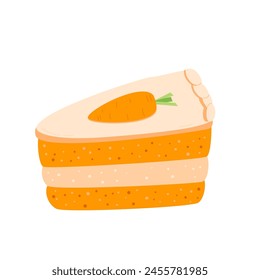 Pastel de zanahoria. Porción de pan dulce. Postre pastelero con crema para desayunar. Ilustración plana dibujada a mano del pastel de Vector aislada sobre fondo blanco.