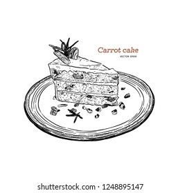 carrot cake with walnuts, prunes and dried apricots hand draw sketch vector.