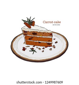 carrot cake with walnuts, prunes and dried apricots hand draw sketch vector.