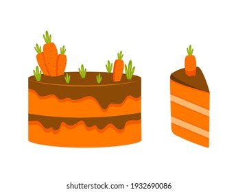 Carrot cake whole and slice. Vector illustration.