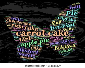 Carrot cake. Word cloud, butterfly, grunge background.  Food concept.