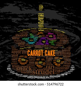 Carrot cake. Word cloud, celebration cake with a candle, grunge background. Food concept.