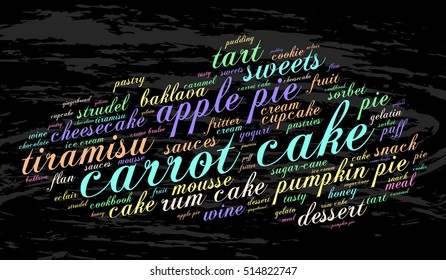 Carrot cake. Word cloud, grunge background. Food concept.
