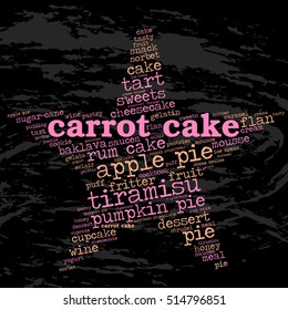 Carrot cake. Word cloud, star, grunge background. Food for celebrities.