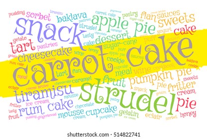 Carrot cake. Word cloud, yellow stripe, white background. Food concept.