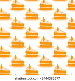Carrot cakes seamless pattern. Sweet bakery piece portion loop ornament. Pastry dessert slices with cream endless background. Vector pie flat repeat cover illustration.