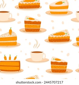 Patrón sin fisuras de pasteles de zanahoria. Dulce pieza de panadería y adorno de bucle de café. Rebanadas de postre pastelero con fondo crema sin fin. Ilustración de la tapa de repetición plana de tarta de Vector.