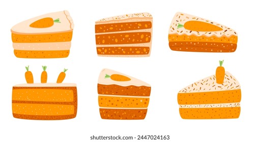 Carrot cakes set of slices. Sweet bakery piece portion. Pastry dessert with cream for breakfast. Vector pie hand drawn flat illustration isolated on white background.