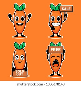 Carrot cartoon character expression. Cute carrot sale, free and sold out. Illustration vector