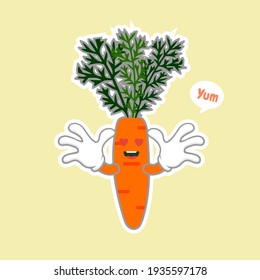Carrot cartoon character isolated on color background. Healthy food funny mascot vector illustration in flat design. food, vegan, vegetarian, and vegetable concept.Orange carrot logo icon