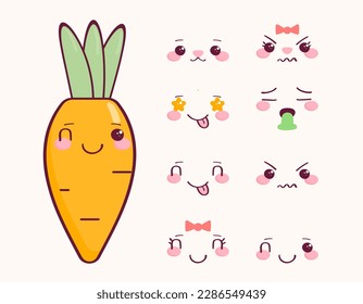 carrot cartoon character with kawaii eyes set