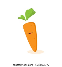 Carrot cartoon in flat style, cute smiling character for healthy food poster, zero waste eco lifestyle, vegetarian eat, restaurant menu, cafe logo, Vegan day, harvest holiday, funny t-shirt print, bag