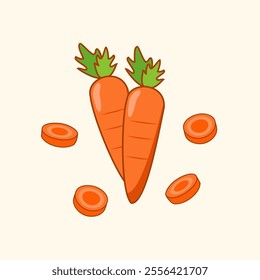 Carrot Cartoon Illustration. Whole and Sliced Carrot