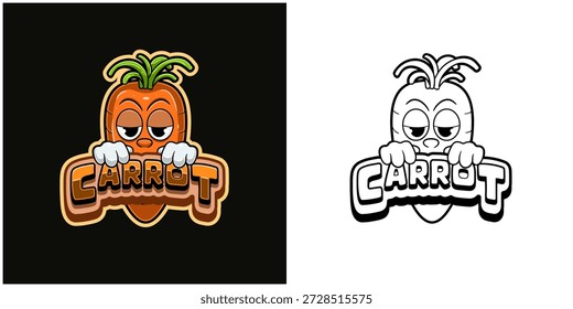 Logotipo do desenho animado da cenoura com texto e uma expressão alta. Cor completa e design preto e branco. Design para adesivo, rótulo, tampa, embalagem, camiseta, negócios e produto. Vetores e ilustrações.
