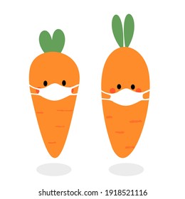 Carrot cartoons wearing medical face masks icon on white background vector illustration. Cute cartoon character. Health care concept. 
