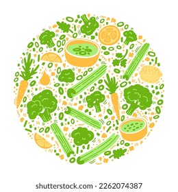 Сauliflower carrot and celery doodle color. Healthy eating, plant based food concept. Vegan Buffalo wings made from broccoli. Celery, carrot, cauliflower with Ranch dressing. Vegan ranch doodle.