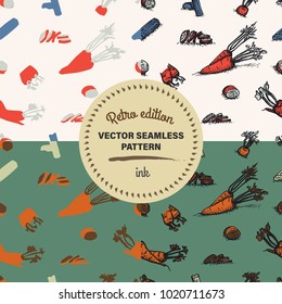 Carrot and celery hand drawn seamless pattern set, vector illustration.  Vegetable sketch drawing.Retro color floral elements for design.
