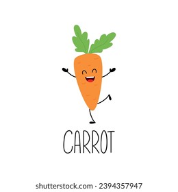 Carrot character with arms and legs and hand written name of vegetable. Vector cartoon illustration for kids
