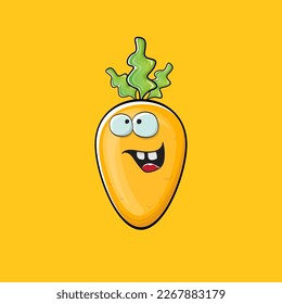 Carrot character. Cartoon orange carrot isolated on orange background. Funky vegetable character with eyes and mouth. Vector white teabag clip art, emoji, label and sticker