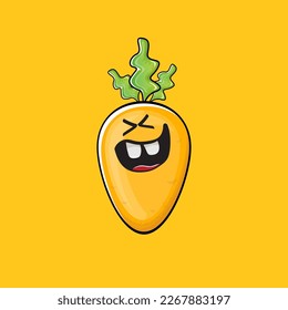Carrot character. Cartoon orange carrot isolated on orange background. Funky vegetable character with eyes and mouth. Vector white teabag clip art, emoji, label and sticker