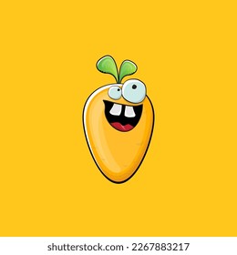 Carrot character. Cartoon orange carrot isolated on orange background. Funky vegetable character with eyes and mouth. Vector white teabag clip art, emoji, label and sticker