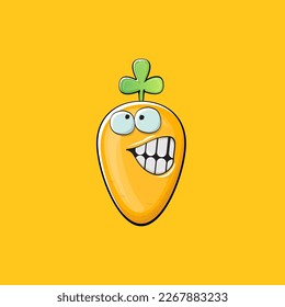 Carrot character. Cartoon orange carrot isolated on orange background. Funky vegetable character with eyes and mouth. Vector white teabag clip art, emoji, label and sticker