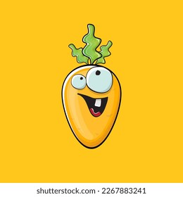 Carrot character. Cartoon orange carrot isolated on orange background. Funky vegetable character with eyes and mouth. Vector white teabag clip art, emoji, label and sticker