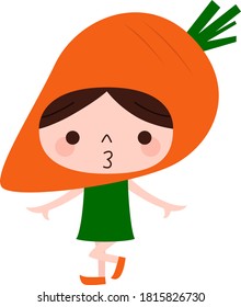 Carrot character. An illustration of a child wearing a vegetable carrot headgear and dancing happily.