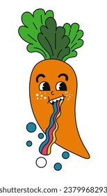 Carrot character with leaves as hairstyle and rainbow colorful tongue. Isolated vegetable drawing for social media, expressing emotions. Emoji or emoticon, sticker or personage. Vector in flat style