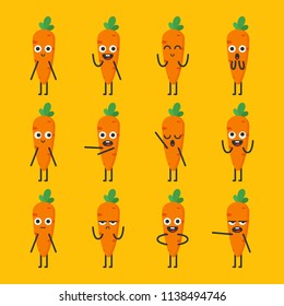 Carrot character set different options and emotions. Vector Illustration.