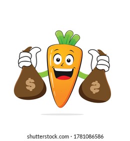 The Carrot character smiles carrying bags of money on a white background - vector