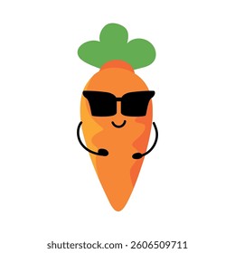 Carrot character with sunglasses, cute vegetable mascot, funny food illustration, smiling cartoon root, trendy orange design, happy organic food, healthy lifestyle, adorable fresh produce art, isolate