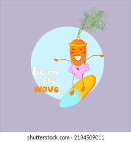 Carrot character surfing the waves. Vector funny illustration of vegetables on a summer vacation, healthy organic eating.