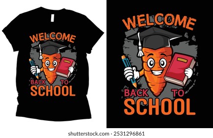 Carrot character Welcome back to school kids t-shirt design.