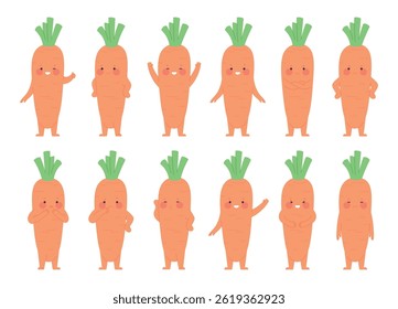 Carrot characters. Cute cartoon carrots in different poses. Funny emotional vegetables, positive children mascots. Stickers design, racy vector set