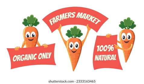 Carrot characters farmers market poster sticker design elements. Funny cartoons cute carrots holds farm harvesting banners isolated vector illustration