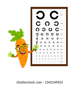 Carrot check vision with vision test chart. Vision concept. Vector illustration. Cartoon food character. Isolated image on white background. 
