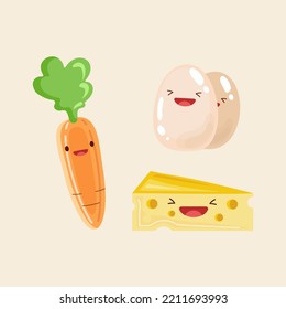 Carrot, cheese and chicken eggs. Vector icon cute illustration. Sticker kawaii cartoon logos. Food  concept.  Flat cartoon style suitable for web landing page, banner, sticker, background. 