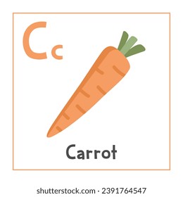 Carrot clipart. Carrot vector illustration cartoon flat style. Vegetables start with letter C. Vegetable alphabet card. Learning letter C card. Kids education. Cute carrot vector design
