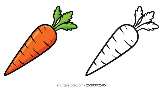 Página Para Colorear De Zanahoria Para Niños. Libro para colorear de vegetales imprimible. Diseño De Vector De Ilustración De Zanahoria Sobre Fondo Blanco