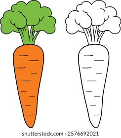 Carrot Coloring Page For Kids. Vegetable Coloring Book Printable. Carrot Illustration Vector Design On White Background